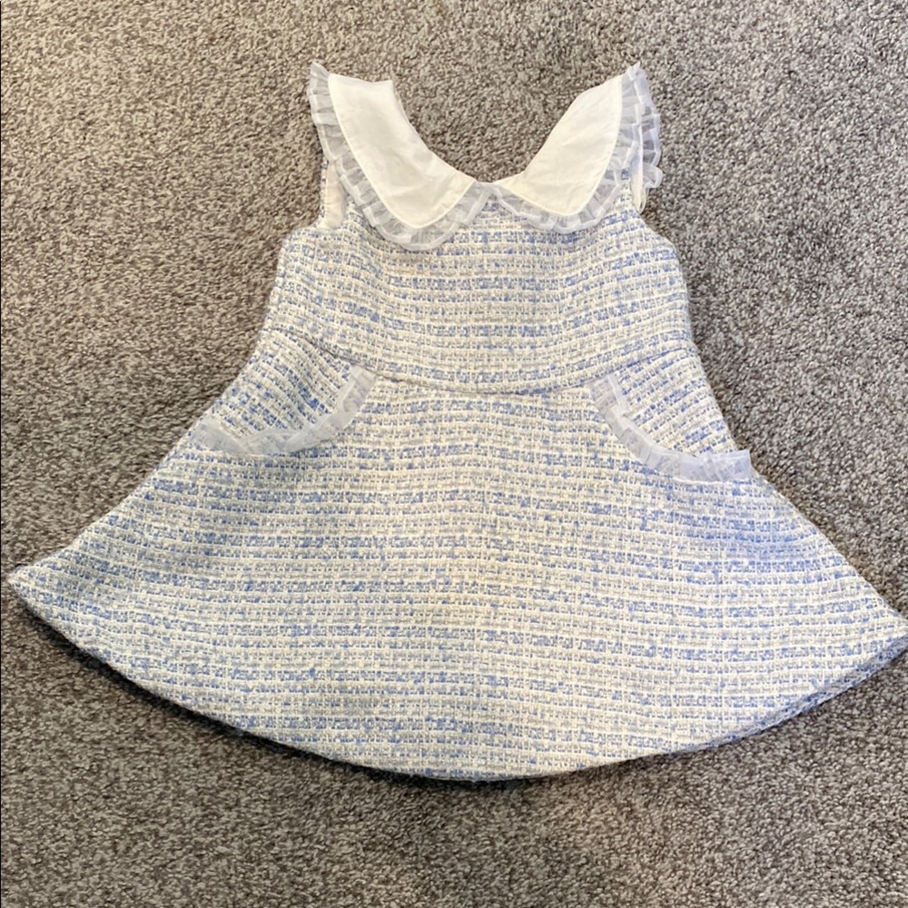 Janie and Jack white blue tweed sleeveless dress with white trim